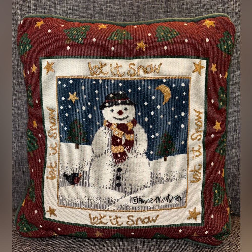 Tapestry “Let‎ It Snow” Snowman Christmas Holiday Decorative Throw Pillow 11x11”